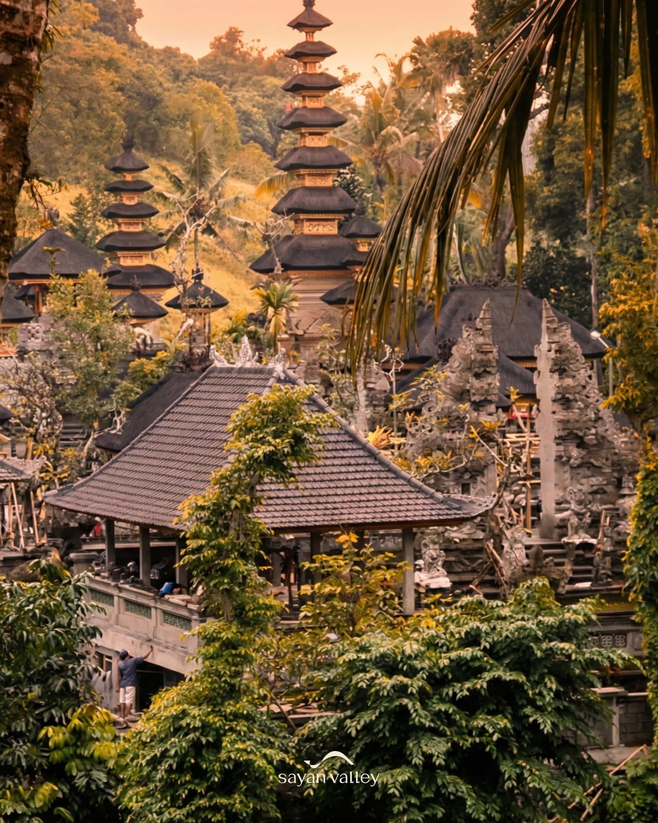 Ancient temple architecture during the golden hour, a unique best sunset spot ubud for culture-loving couples; best for couple exploration.
