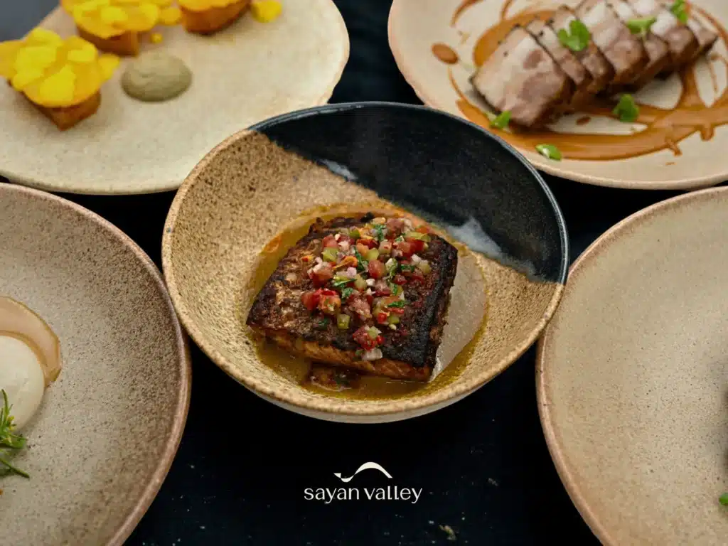 Gourmet food dishes and cuisine served at romantic dinner in Ubud