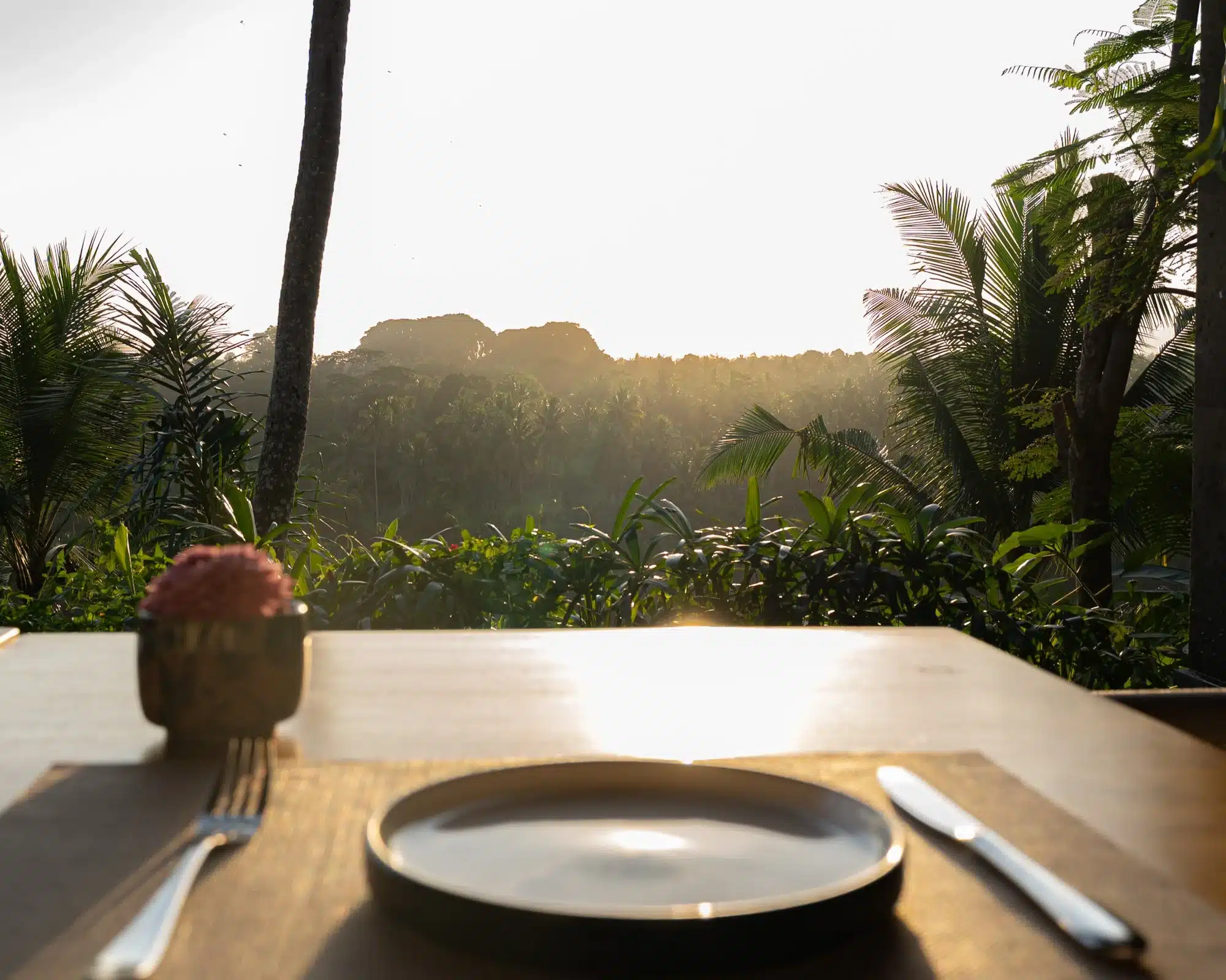 Silhouette of a waiter serving drinks at a beach club during the peak bali sunset time.